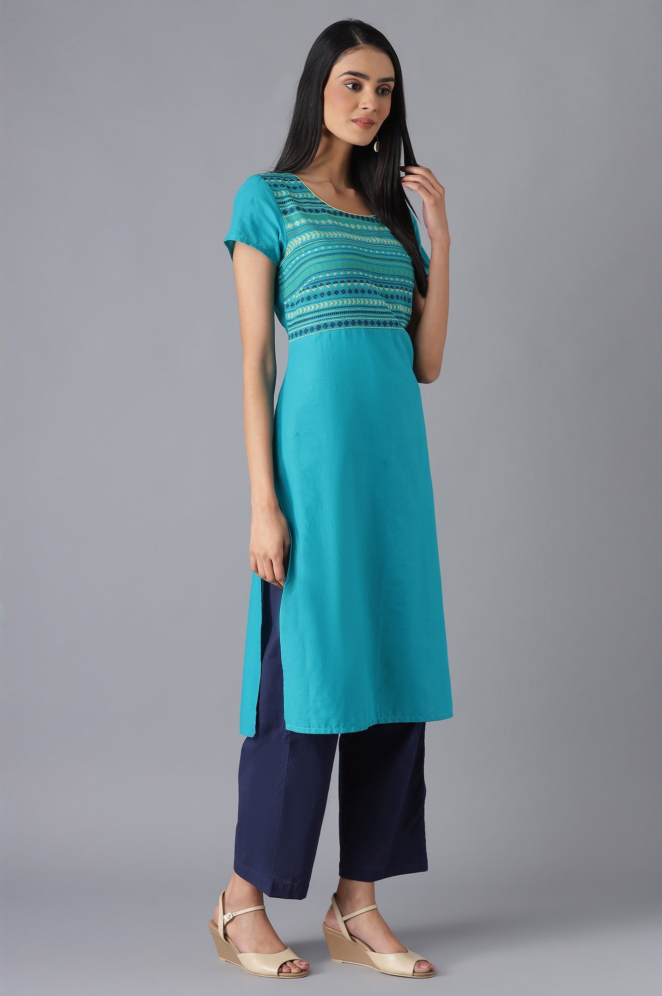 Green Cotton kurta and Navy Trousers Set