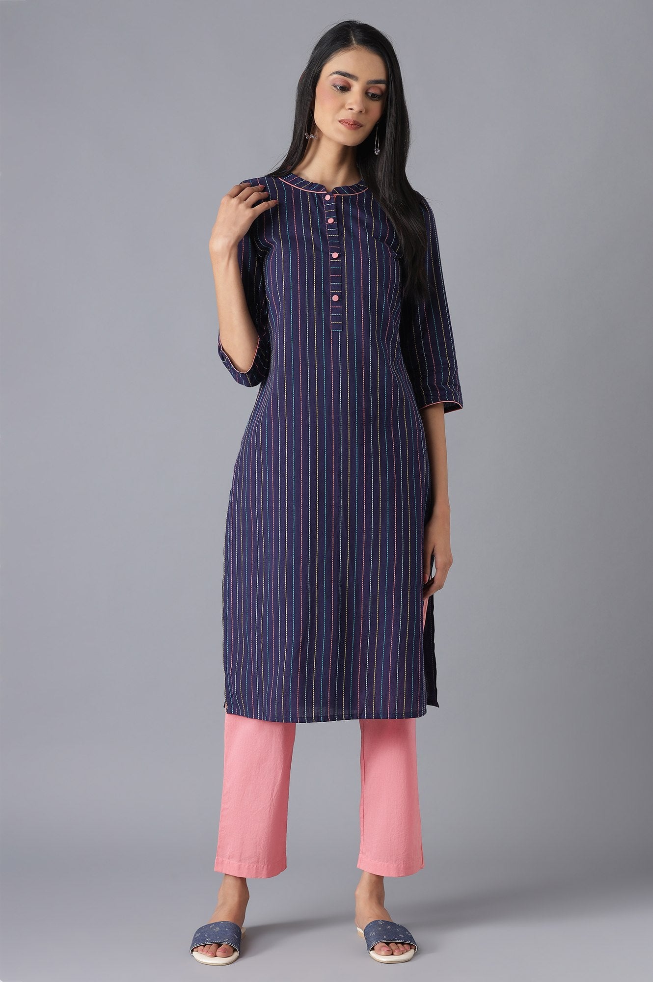 Navy kurta and Pink Culottes Set