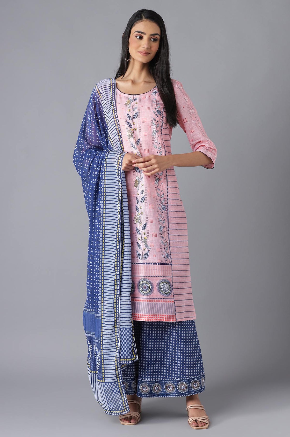 Pink Printed kurta, Palazzo and Dupatta Set - XS