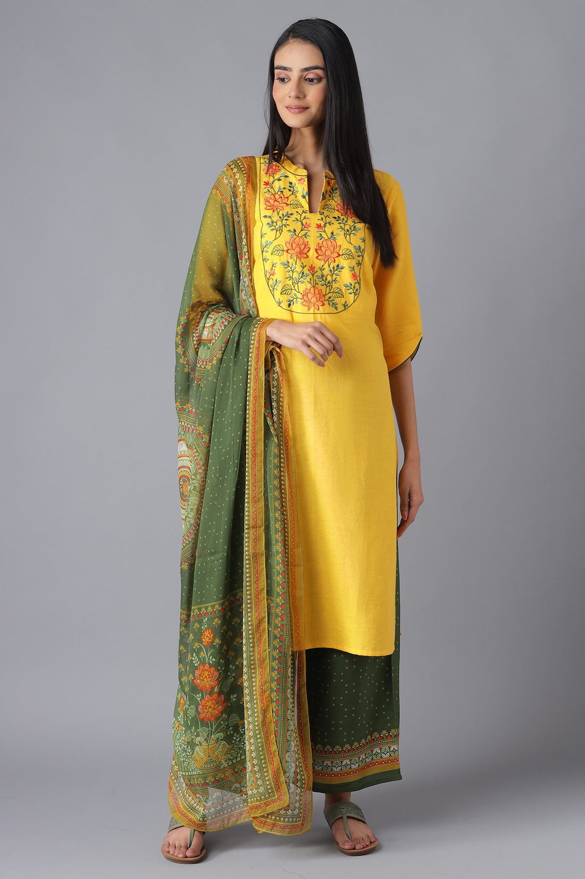 Yellow Printed kurta, Palazzo and Dupatta Set - XS