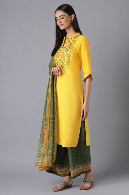 Yellow Printed kurta, Palazzo and Dupatta Set