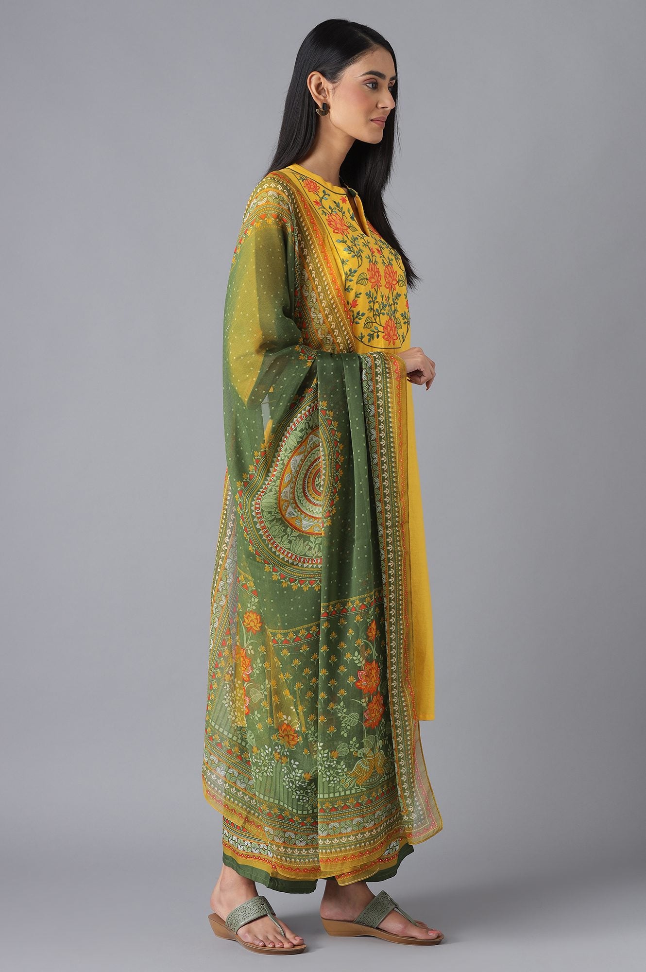 Yellow Printed kurta, Palazzo and Dupatta Set