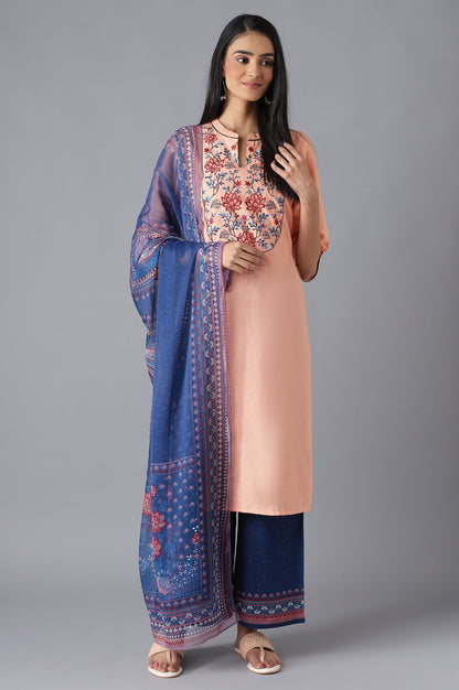 Peach Printed kurta, Palazzo and Dupatta Set