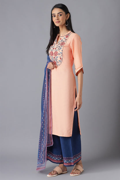 Peach Printed kurta, Palazzo and Dupatta Set