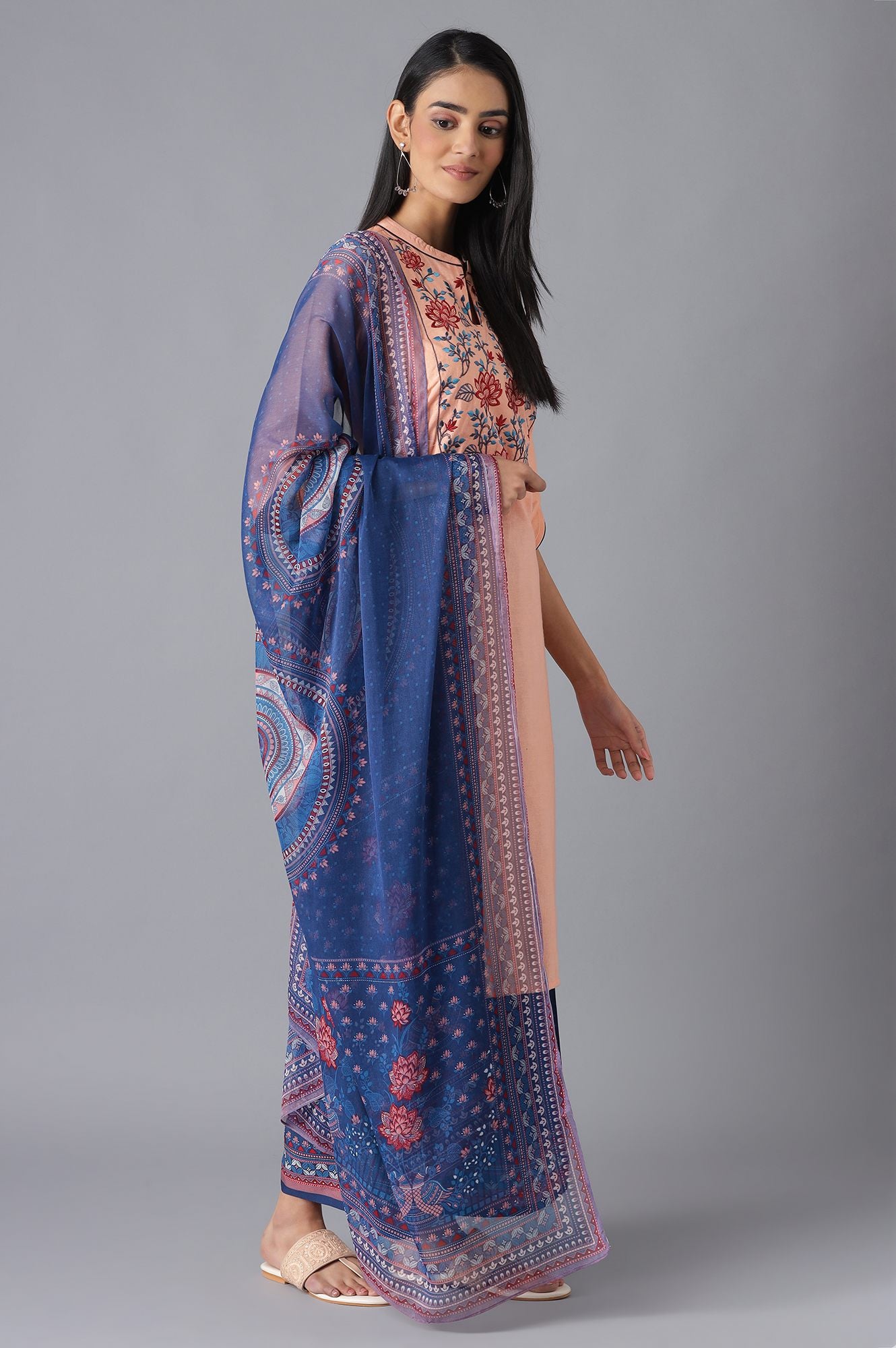 Peach Printed kurta, Palazzo and Dupatta Set