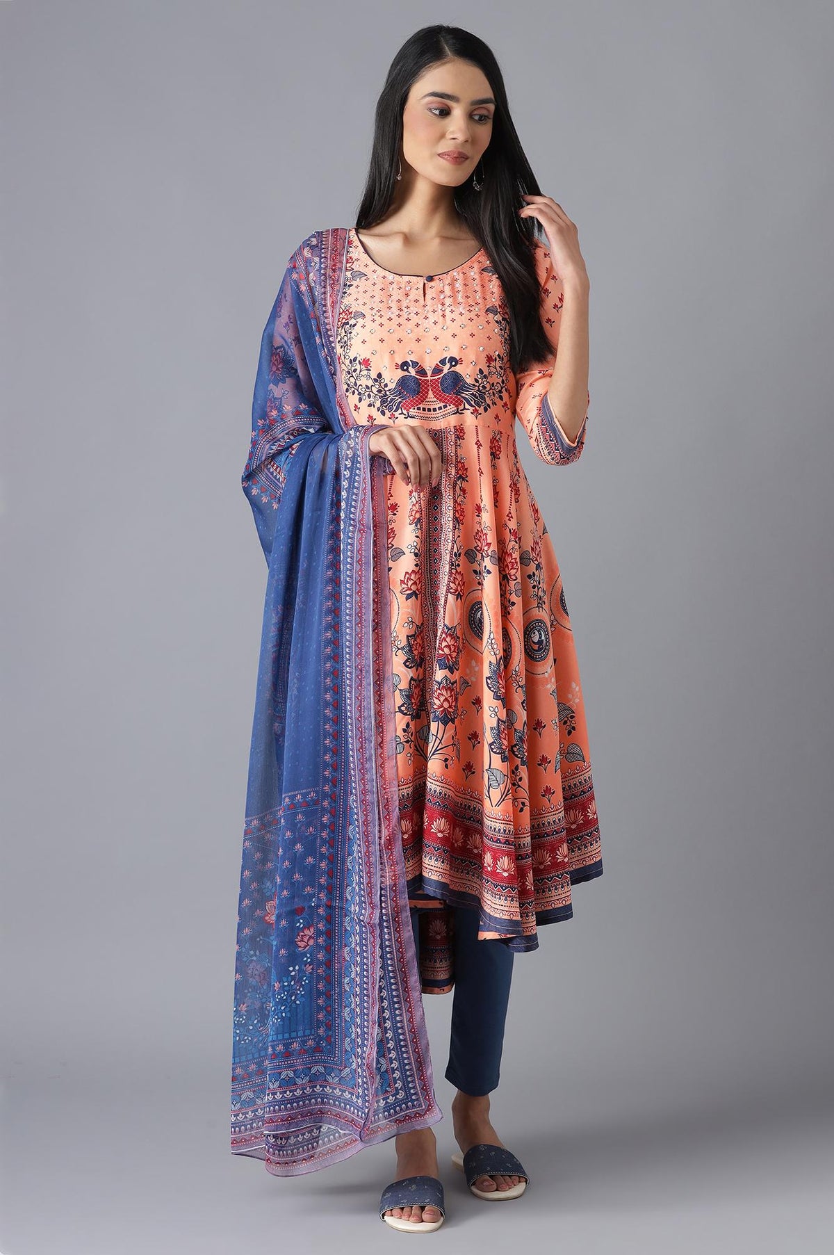 Peach Printed Dress, Tights and Dupatta Set - XS