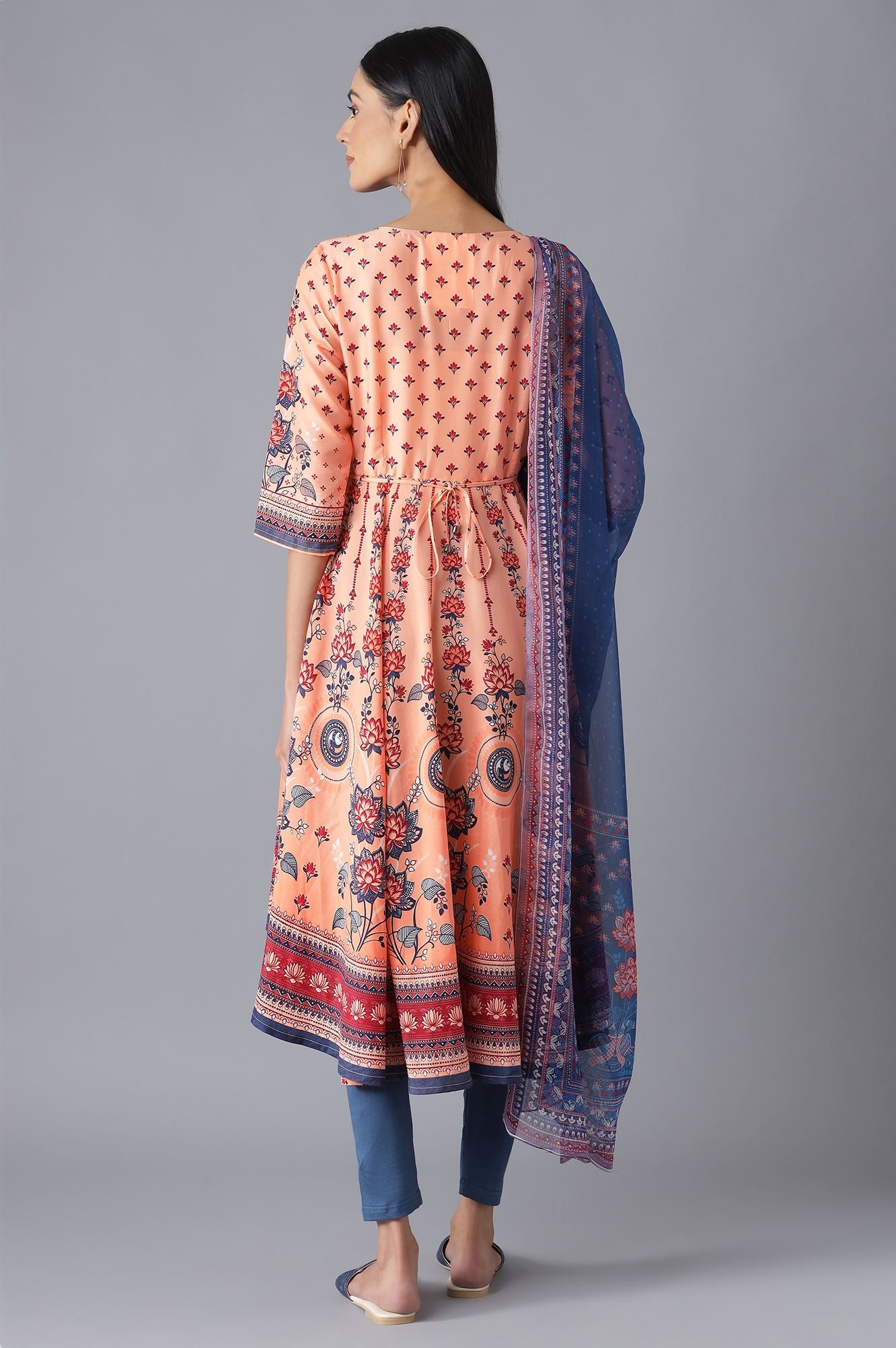 Peach Printed Dress, Tights and Dupatta Set