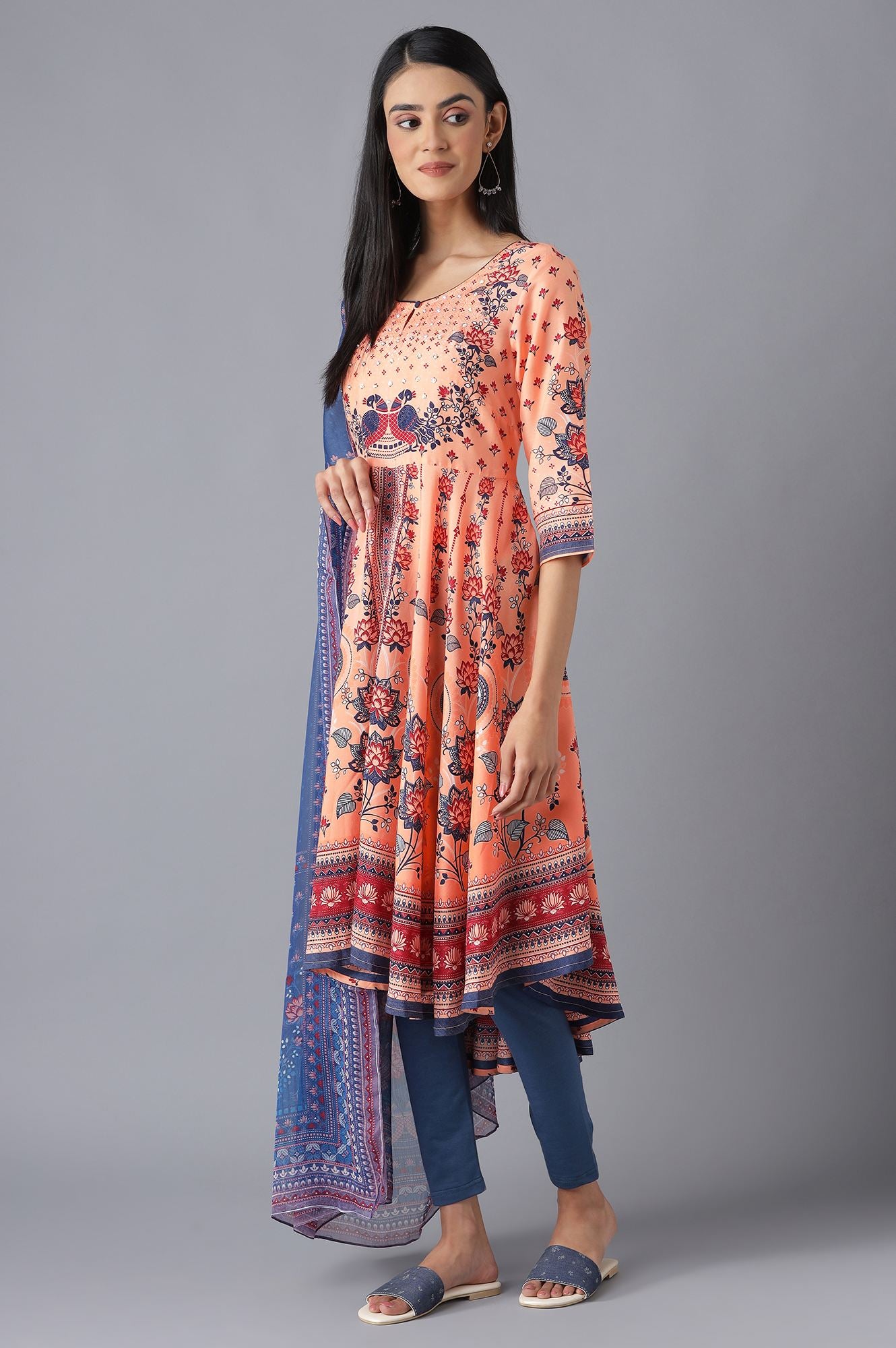 Peach Printed Dress, Tights and Dupatta Set