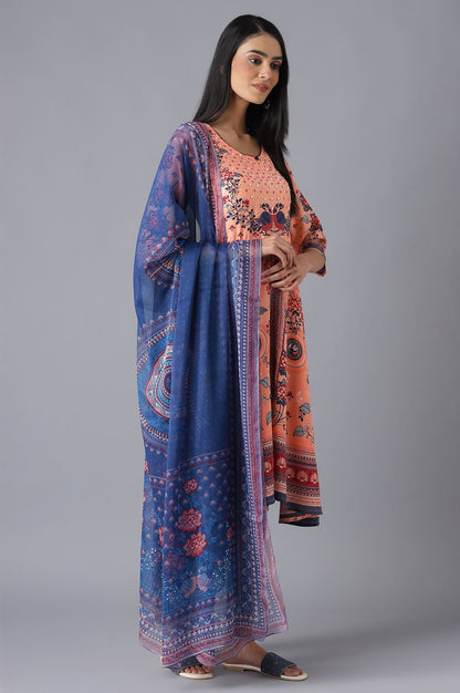 Peach Printed Dress, Tights and Dupatta Set