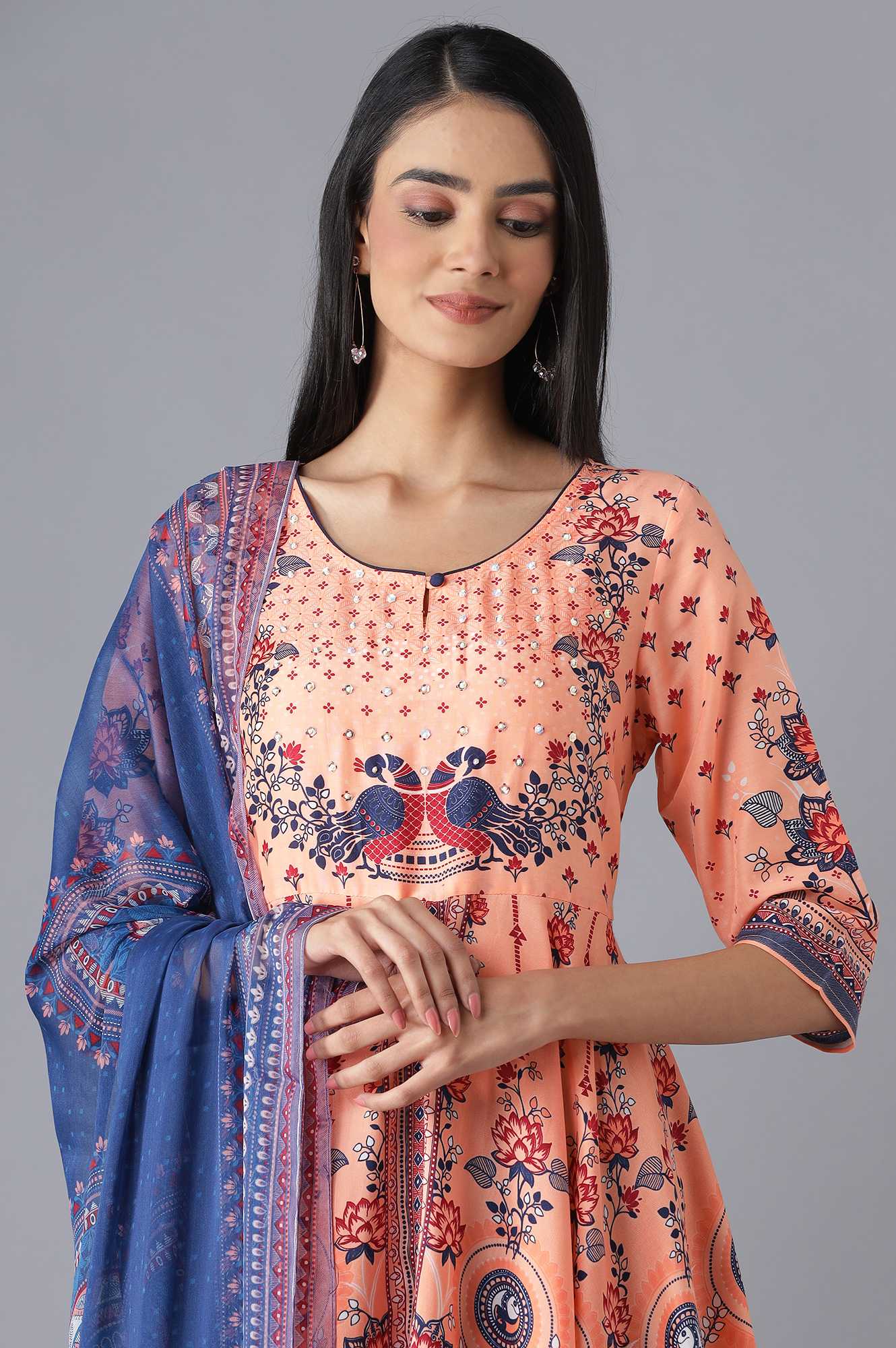 Peach Printed Dress, Tights and Dupatta Set