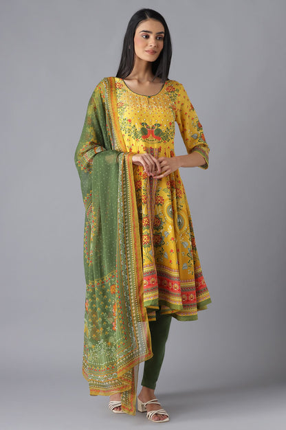 Yellow Printed Dress, Tights and Dupatta Set