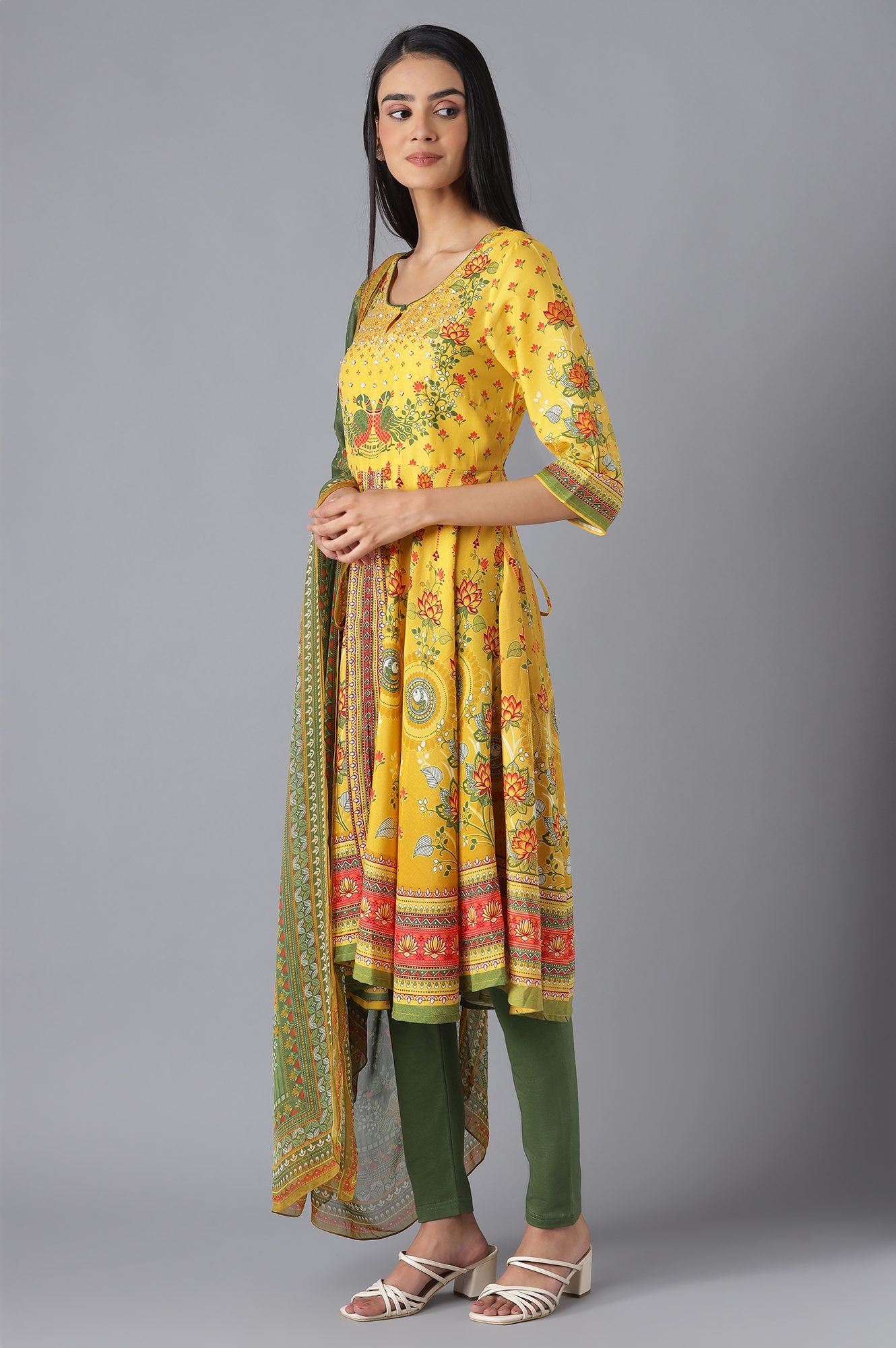 Yellow Printed Dress, Tights and Dupatta Set