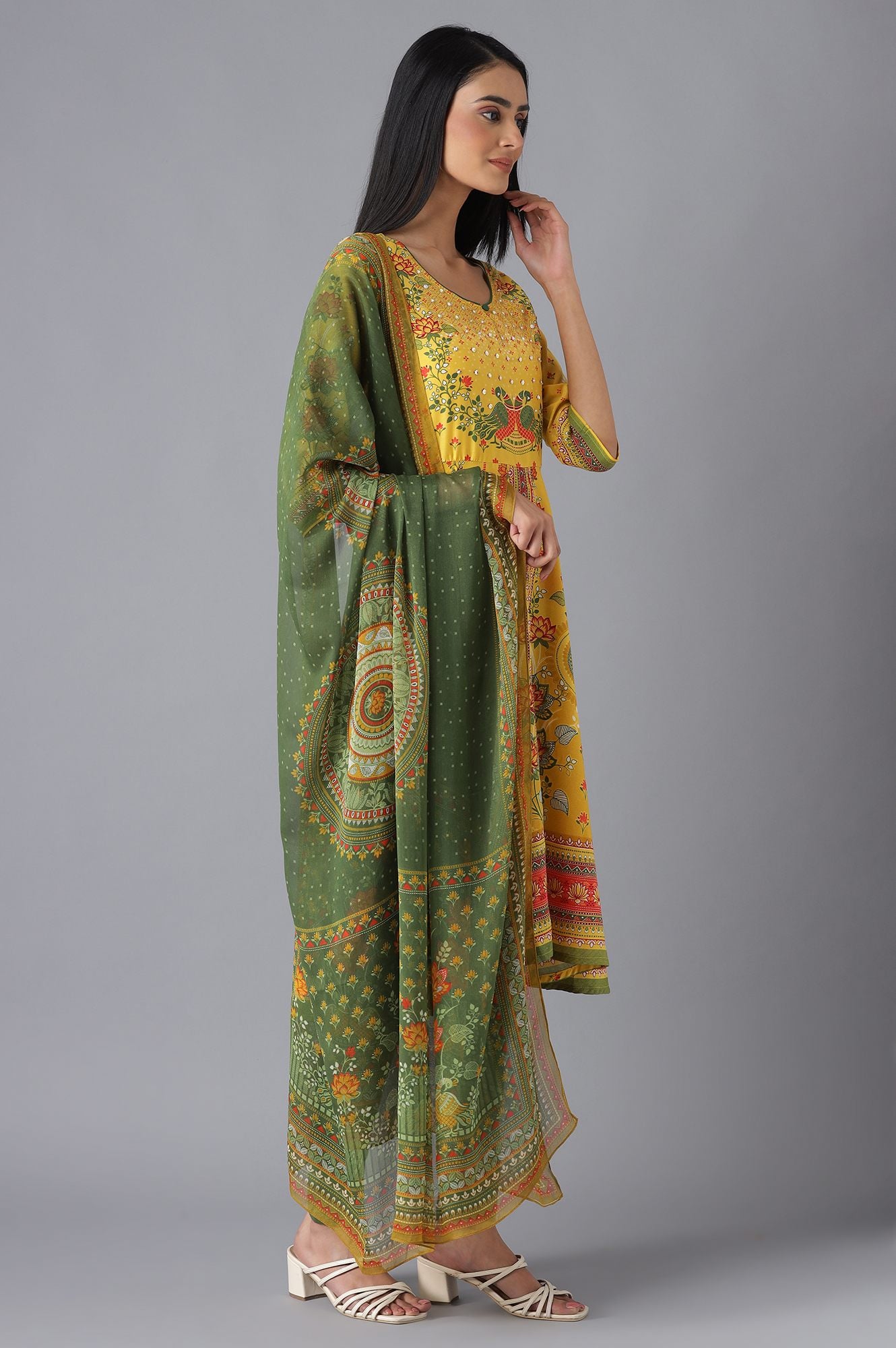 Yellow Printed Dress, Tights and Dupatta Set