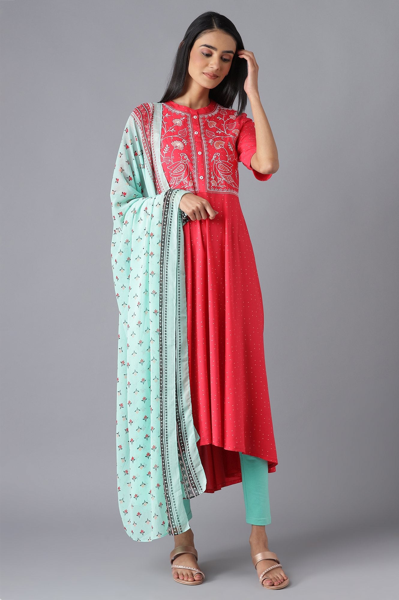 Pink Printed Dress, Tights and Dupatta Set