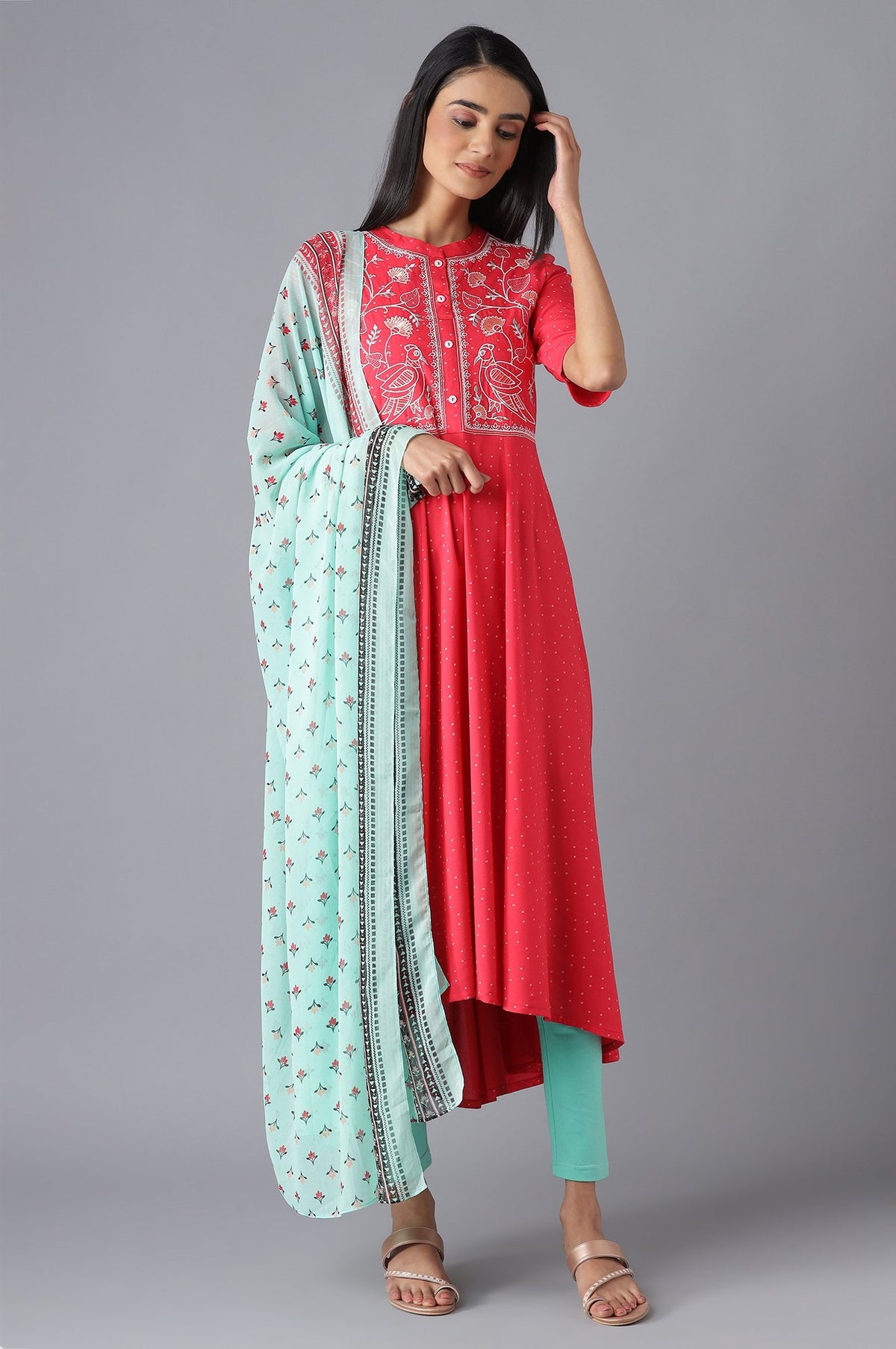 Pink Printed Dress, Tights and Dupatta Set - XS