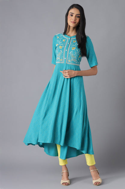 Blue Printed Dress, Tights and Dupatta Set