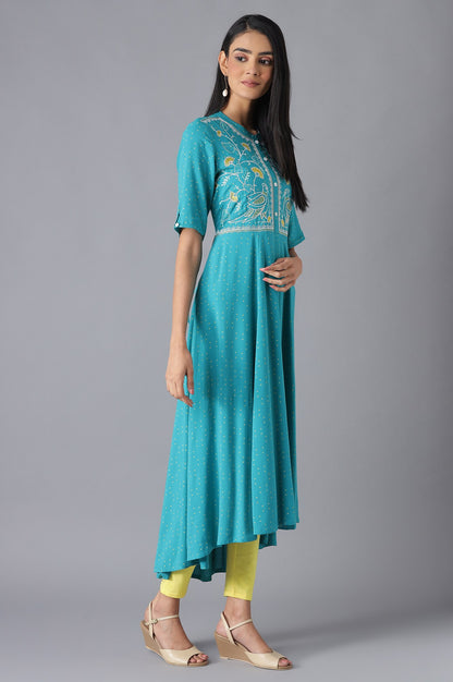 Blue Printed Dress, Tights and Dupatta Set