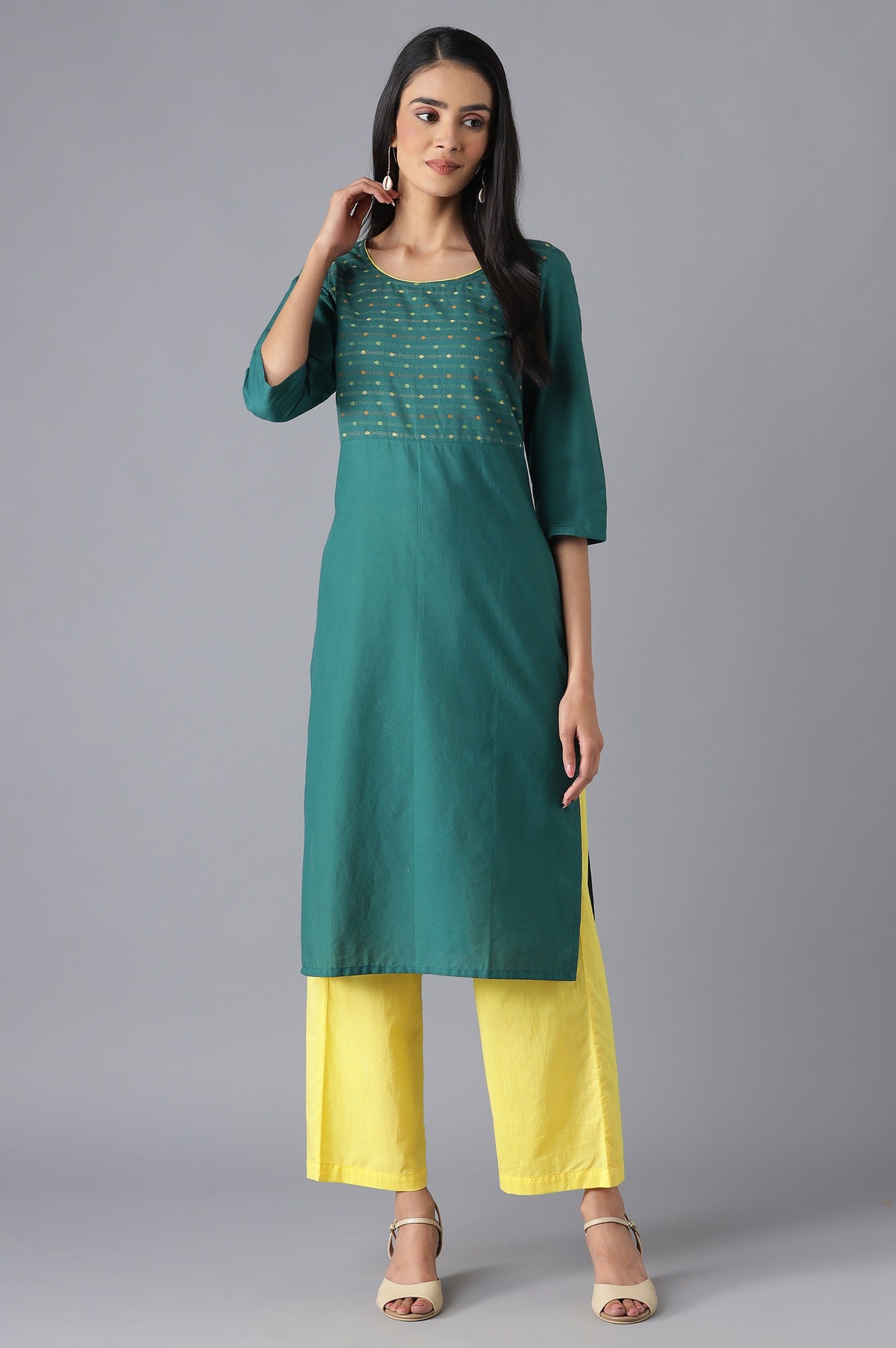 Green Cotton kurta and Yellow Pant Set