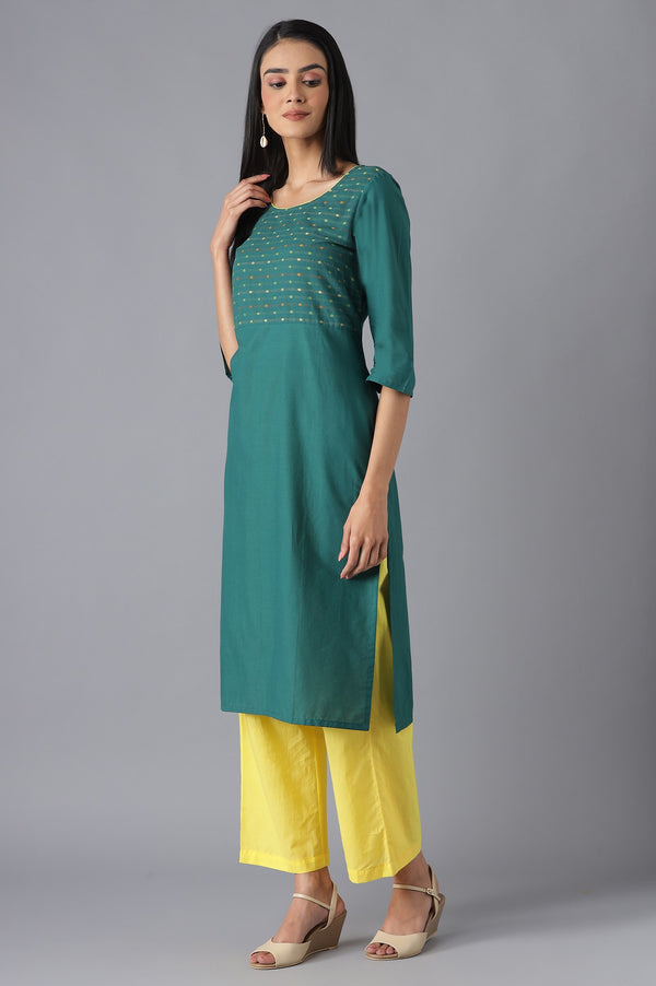 Green Cotton kurta and Yellow Pant Set