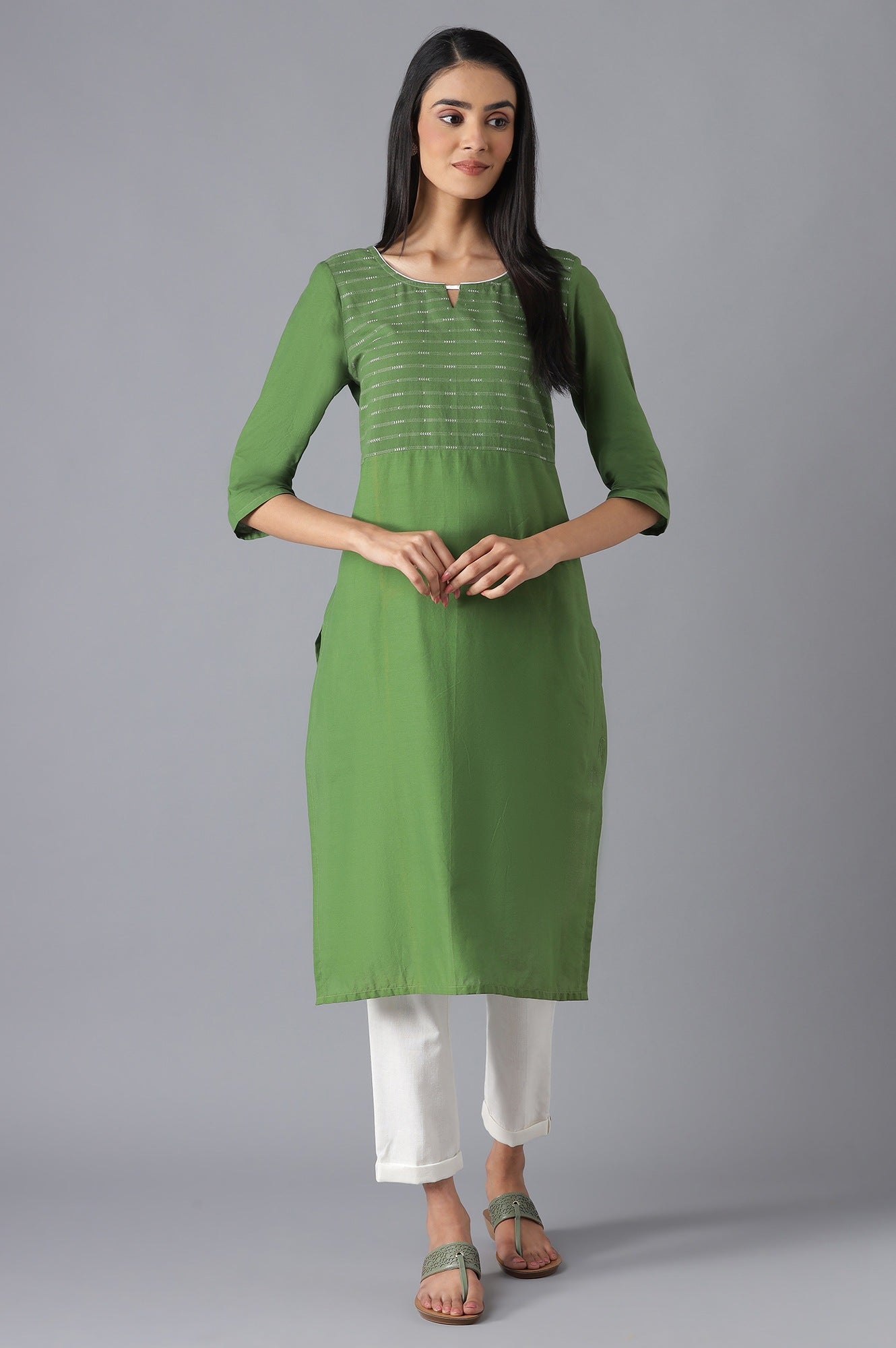 Green Cotton kurta and White Trousers Set