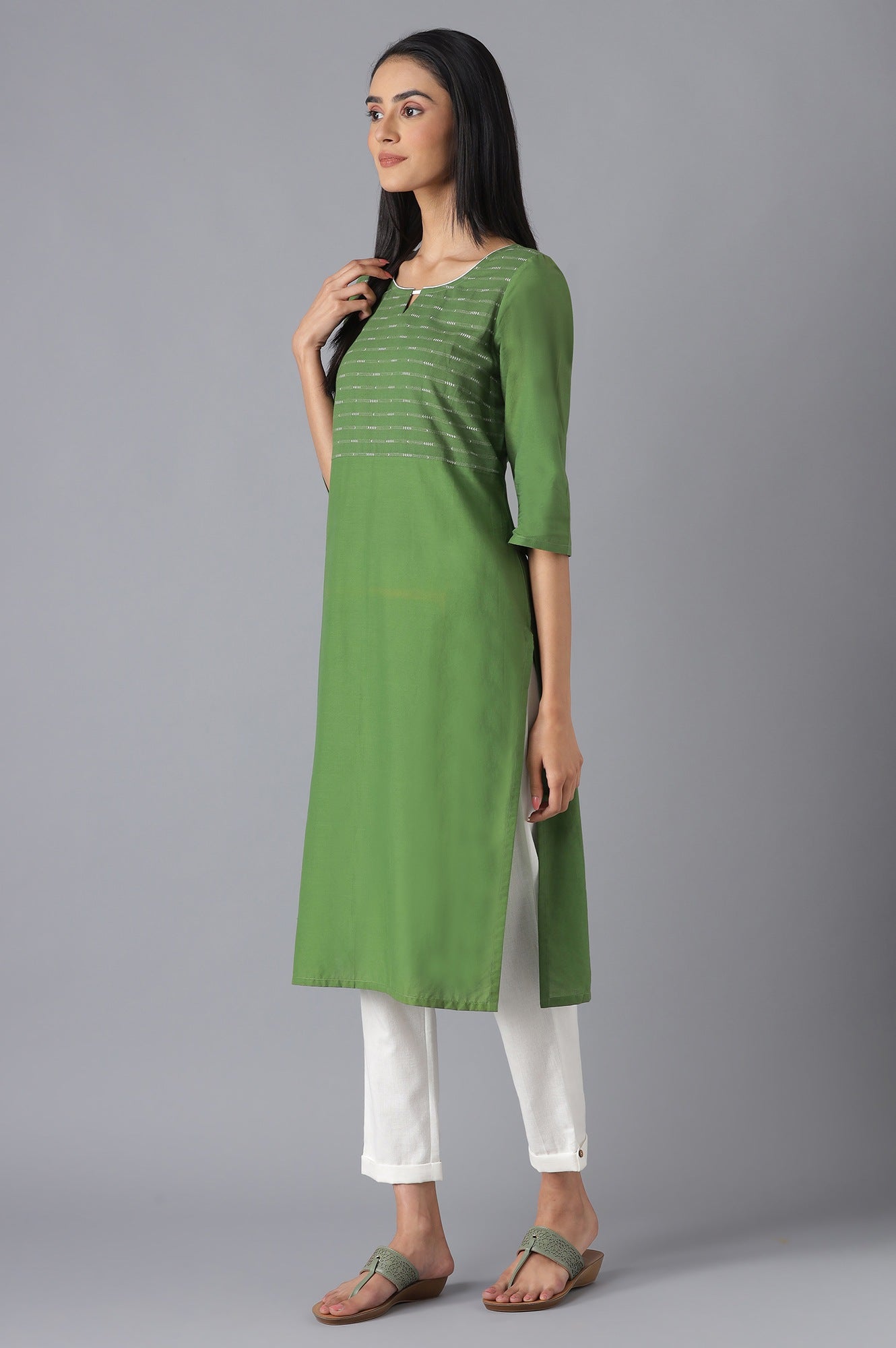 Green Cotton kurta and White Trousers Set