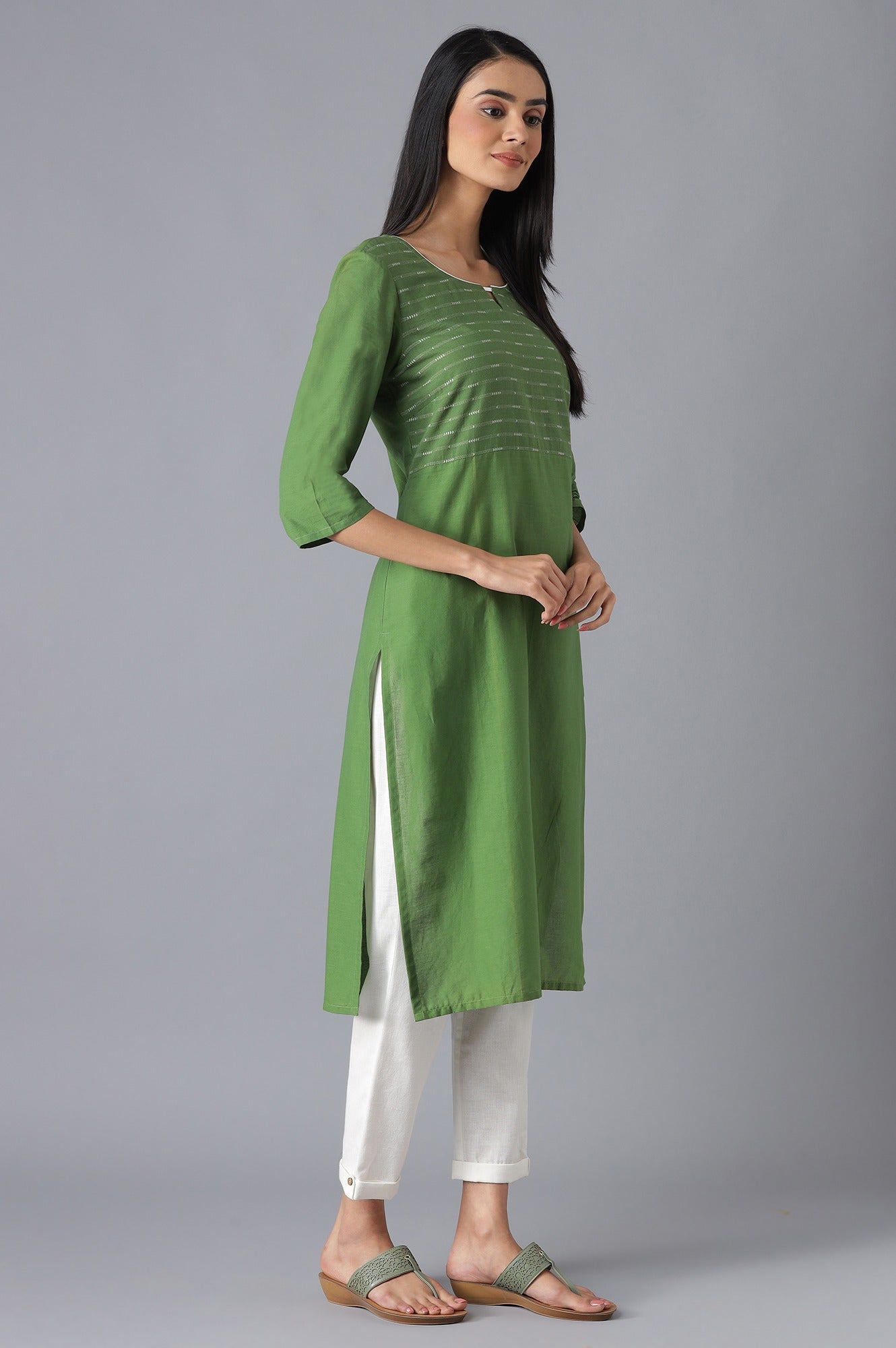 Green Cotton kurta and White Trousers Set