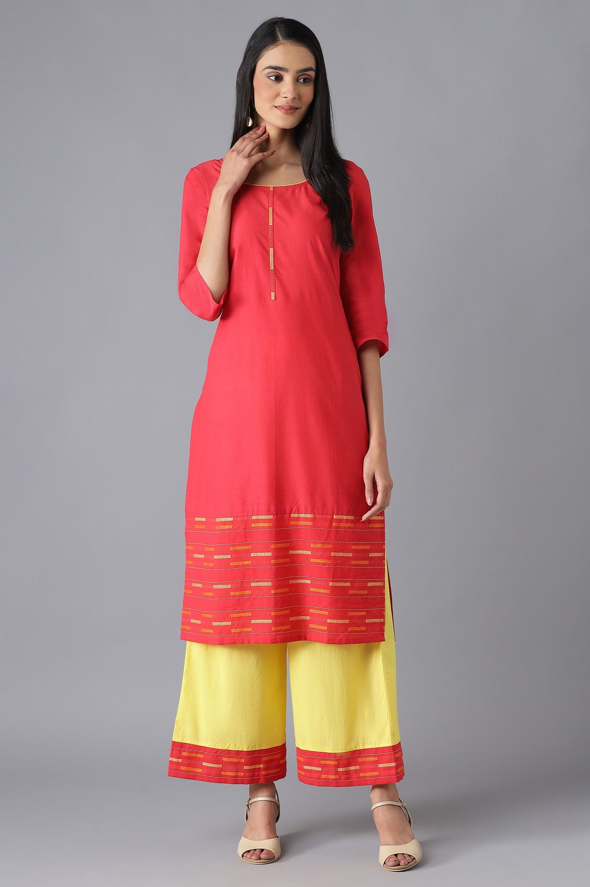 Red kurta and Yellow Palazzo Set - XS