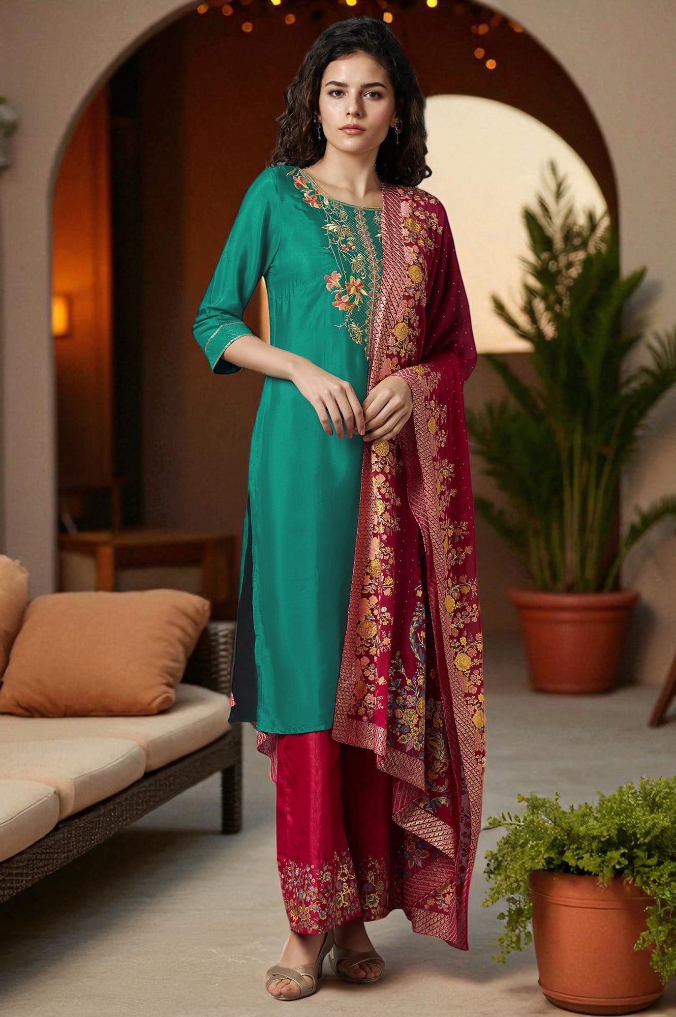 Green Embroidered kurta, Red Palazzo and Dupatta Set