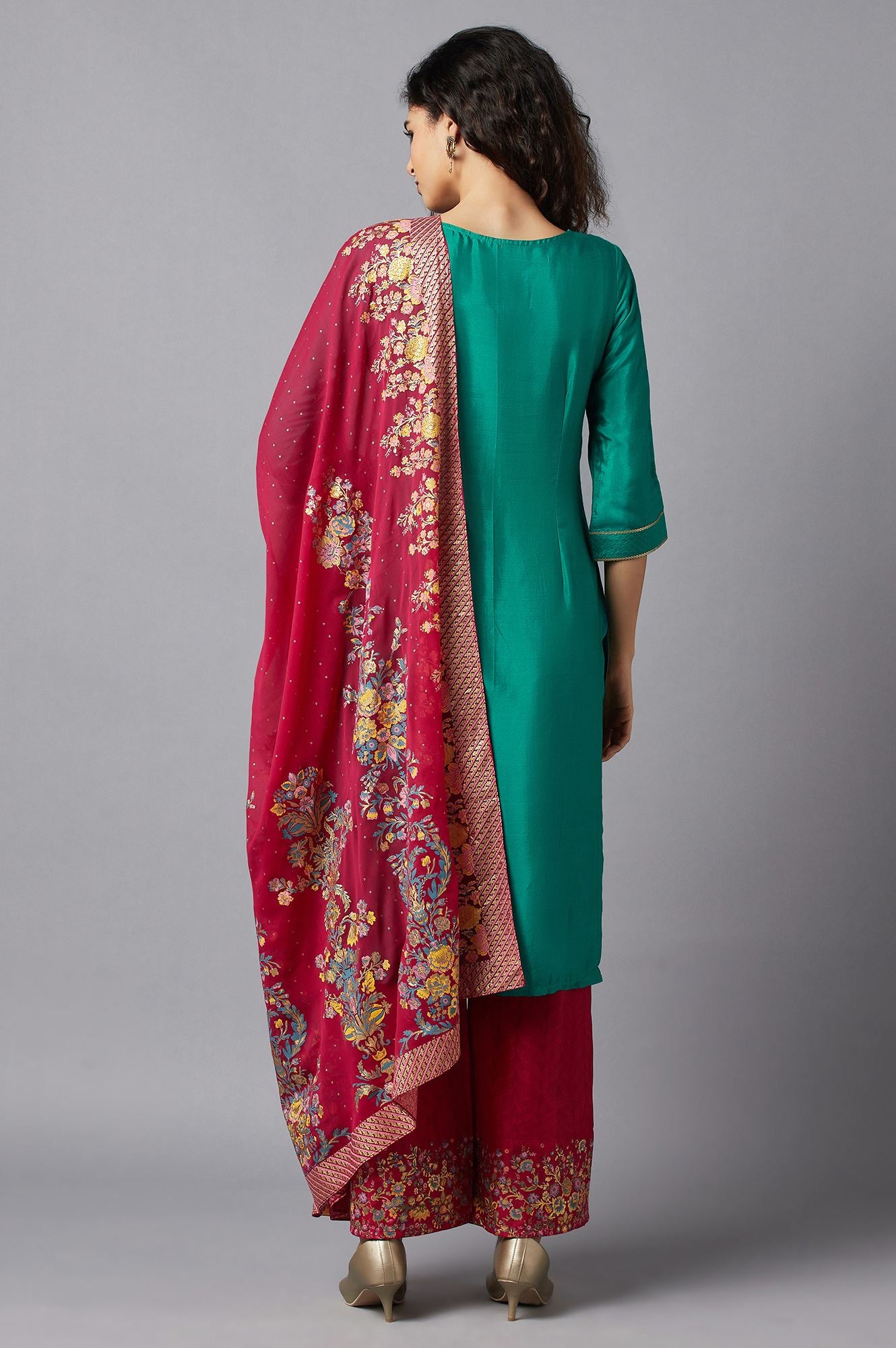 Green Embroidered kurta, Red Palazzo and Dupatta Set