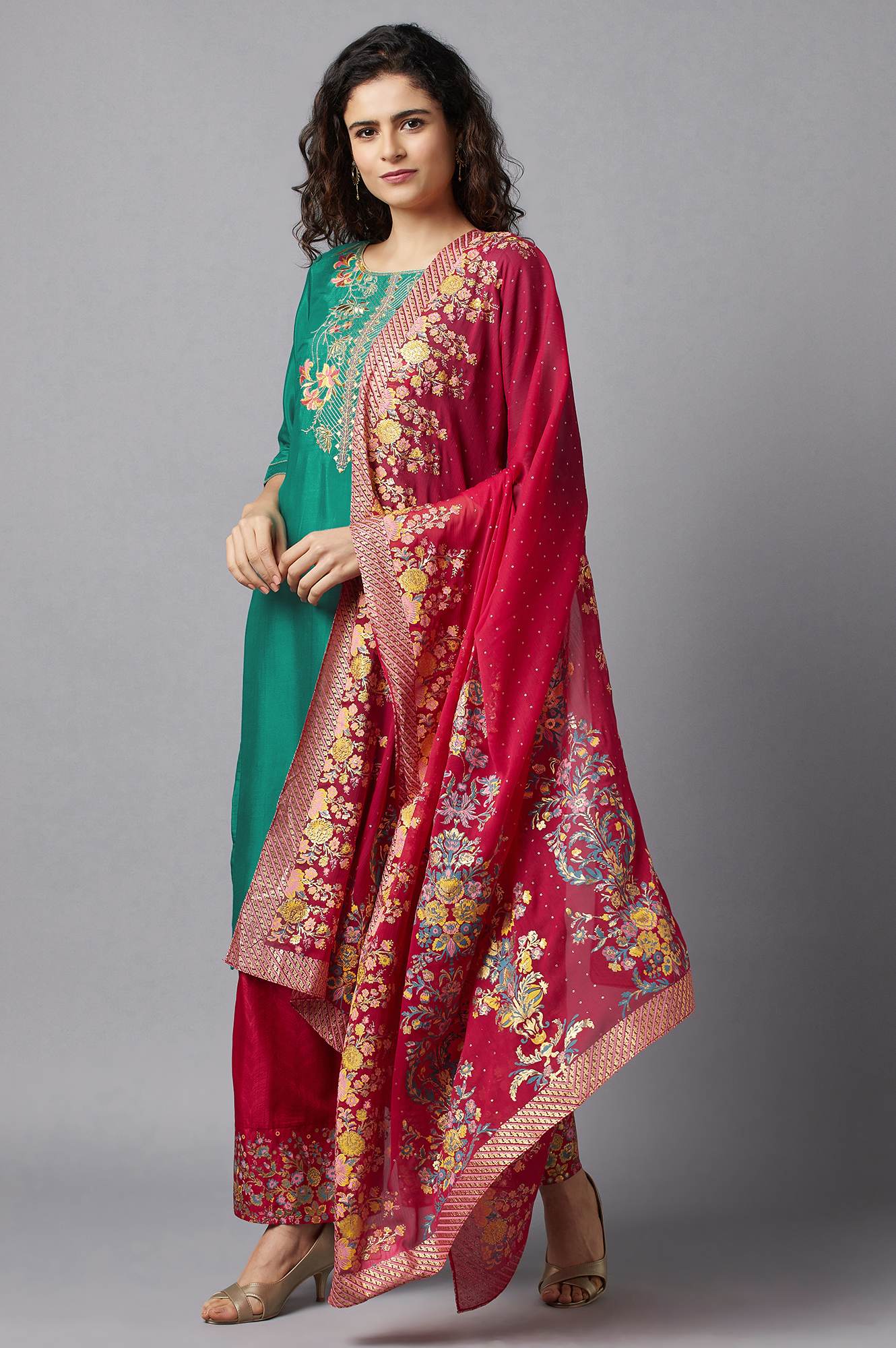 Green Embroidered kurta, Red Palazzo and Dupatta Set