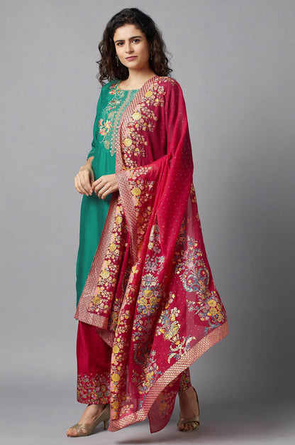 Green Embroidered kurta, Red Palazzo and Dupatta Set