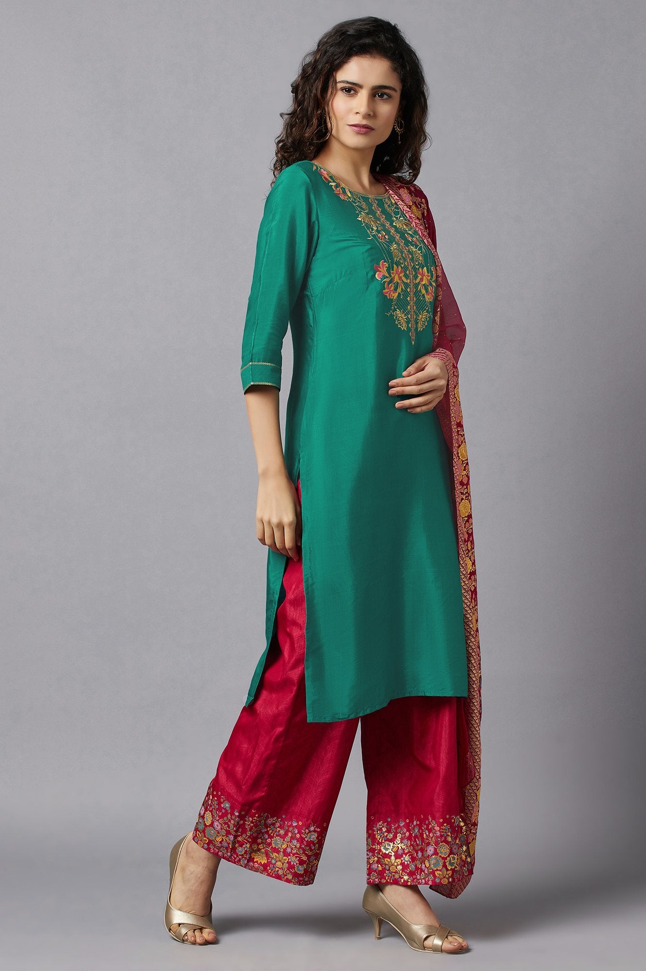 Green Embroidered kurta, Red Palazzo and Dupatta Set