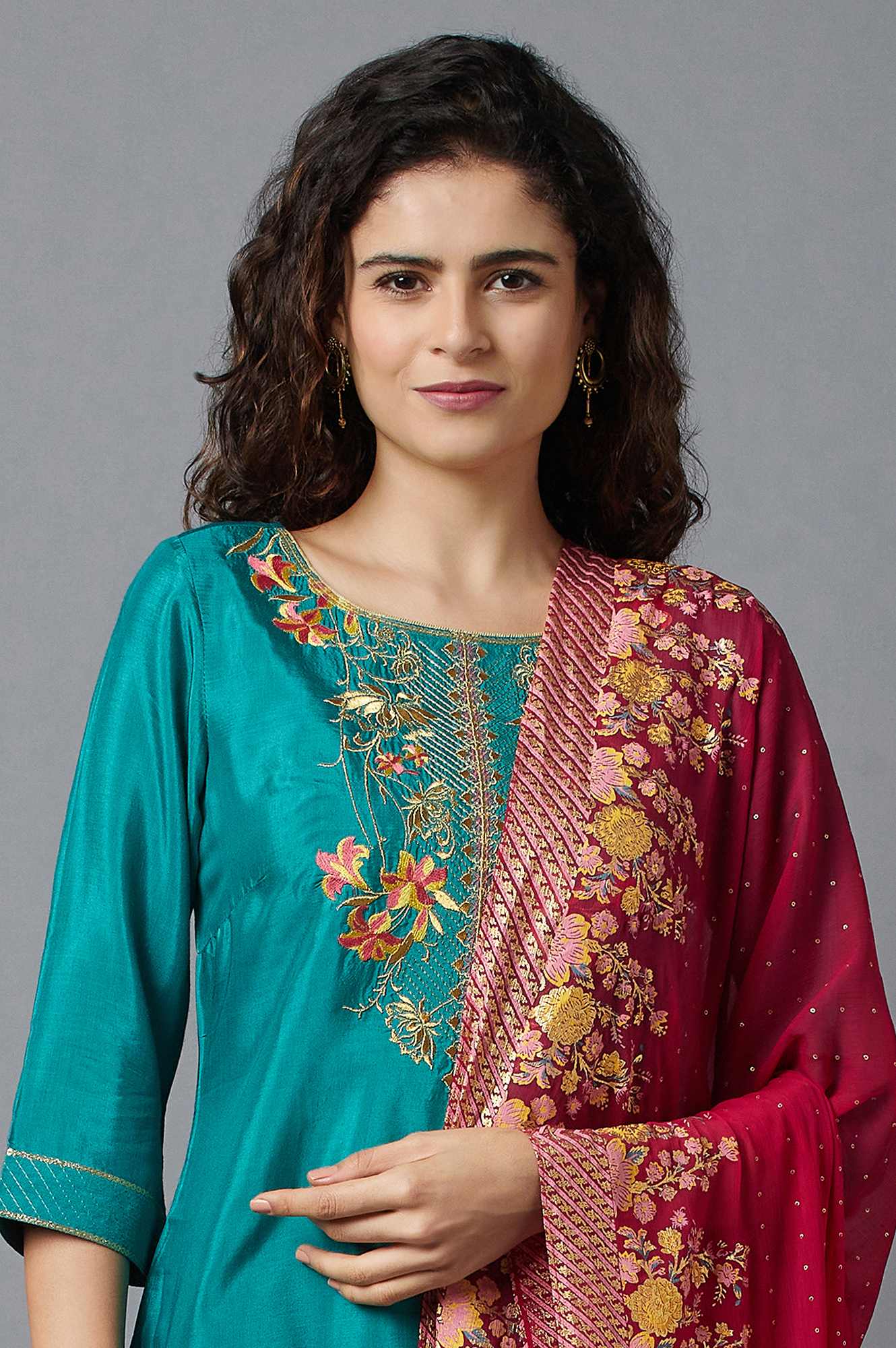 Green Embroidered kurta, Red Palazzo and Dupatta Set