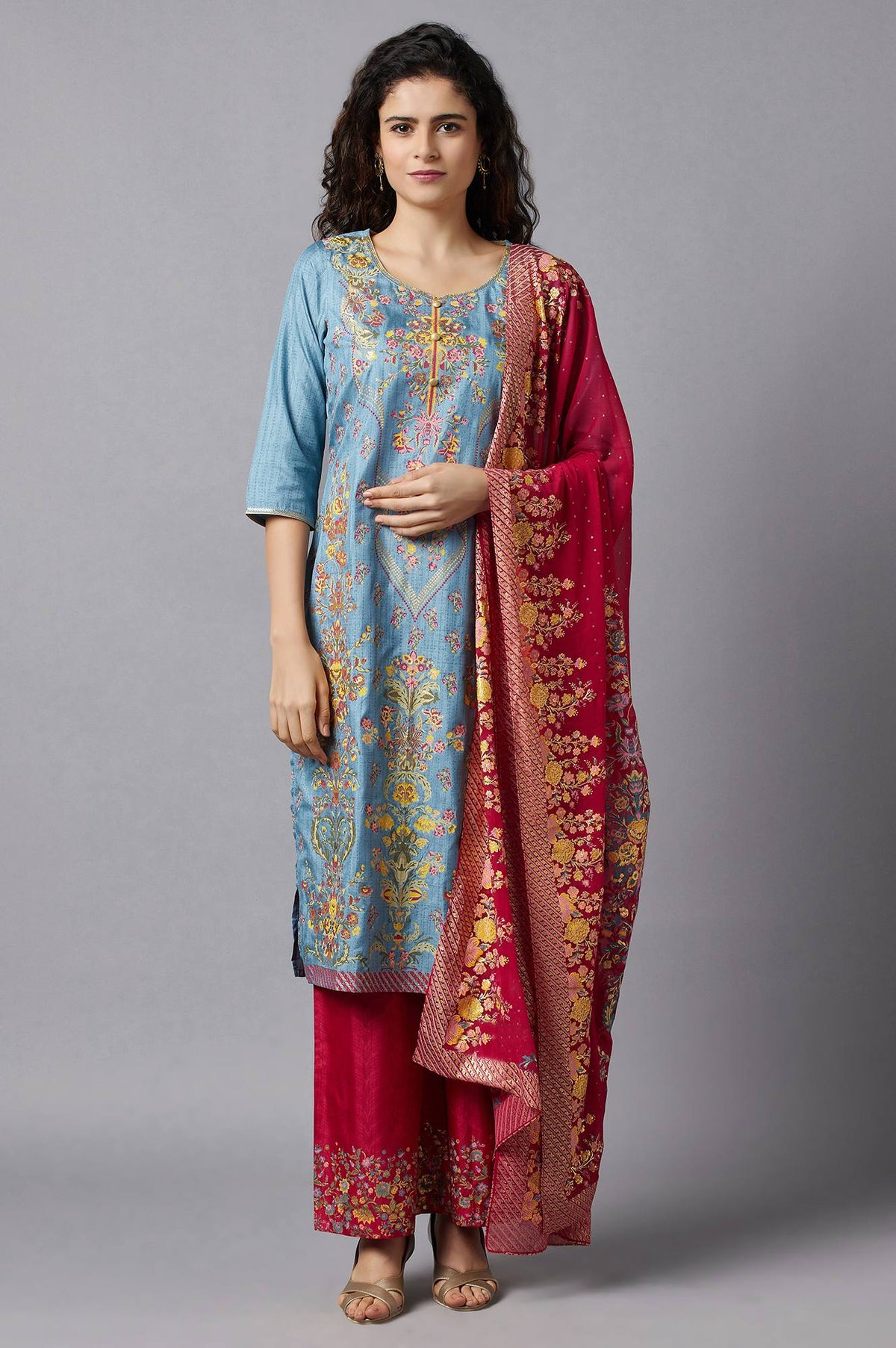Blue Printed kurta, Red Palazzo and Dupatta Set - XS