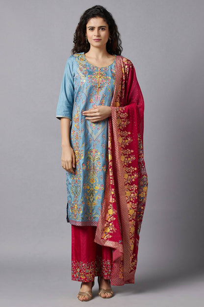 Blue Printed kurta, Red Palazzo and Dupatta Set