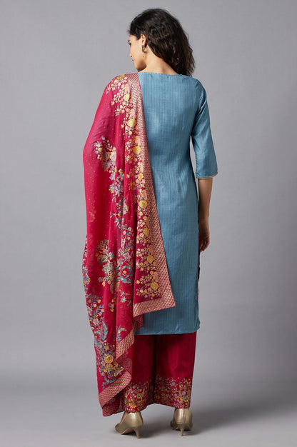 Blue Printed kurta, Red Palazzo and Dupatta Set