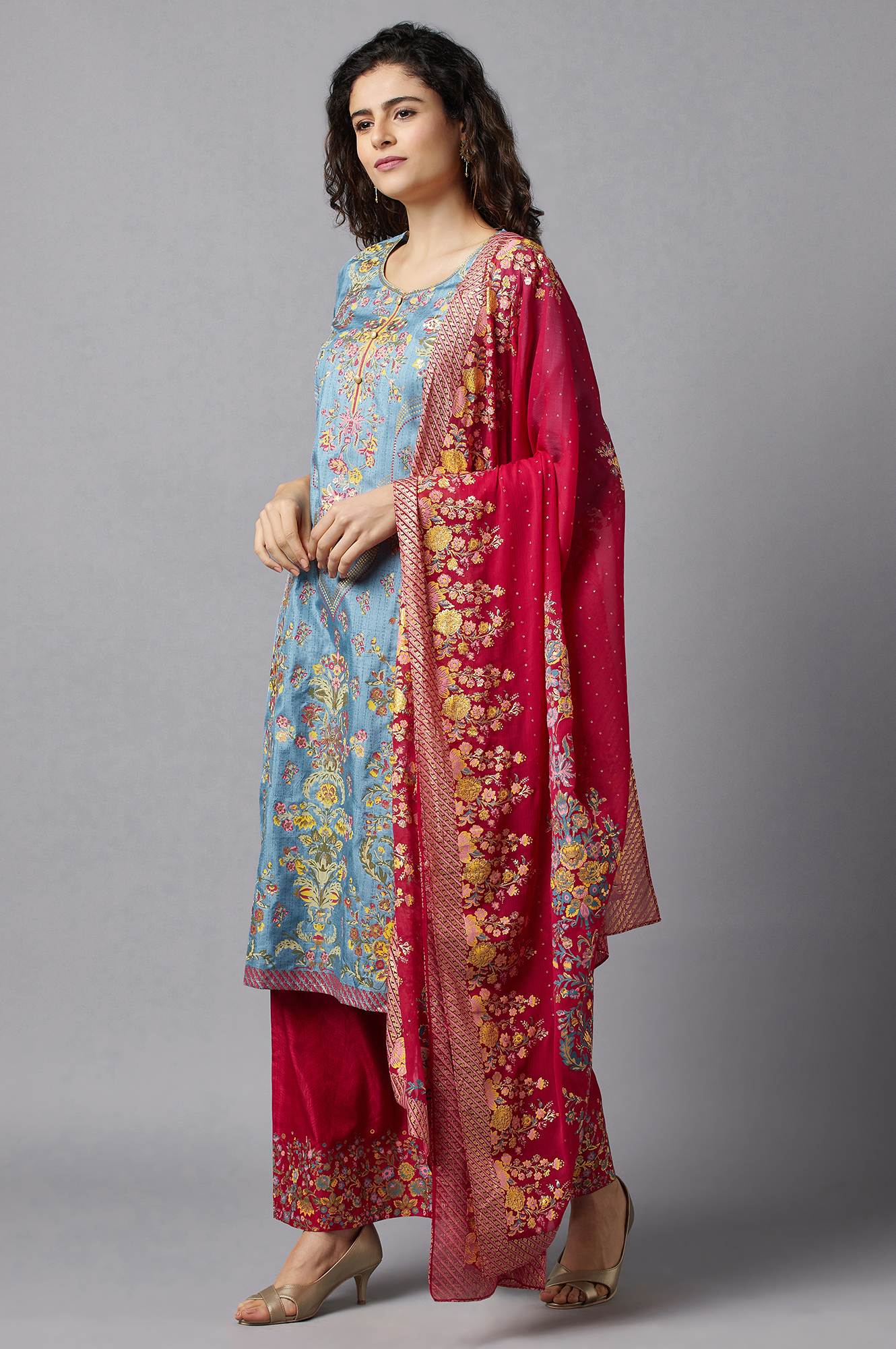 Blue Printed kurta, Red Palazzo and Dupatta Set