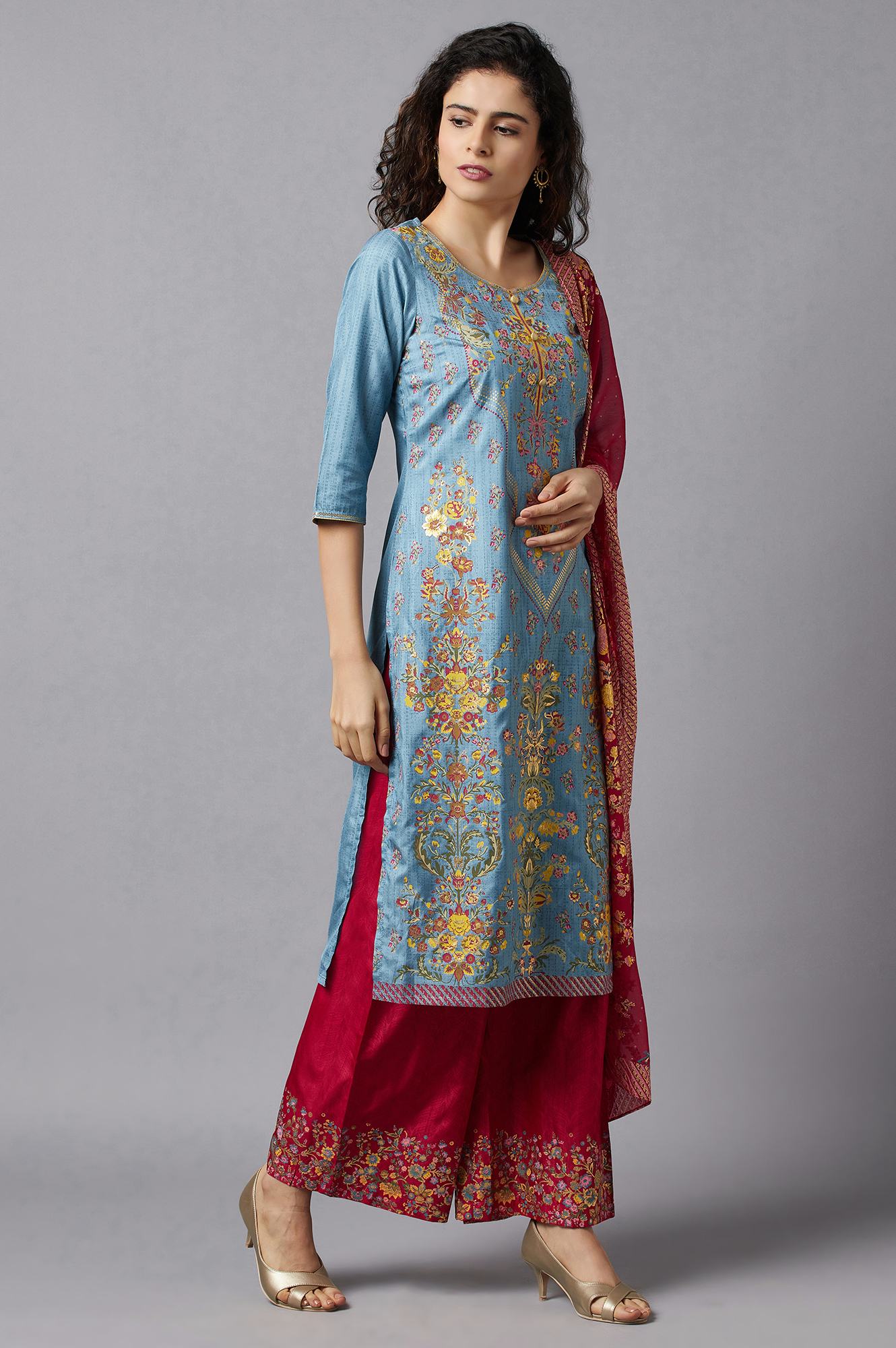 Blue Printed kurta, Red Palazzo and Dupatta Set