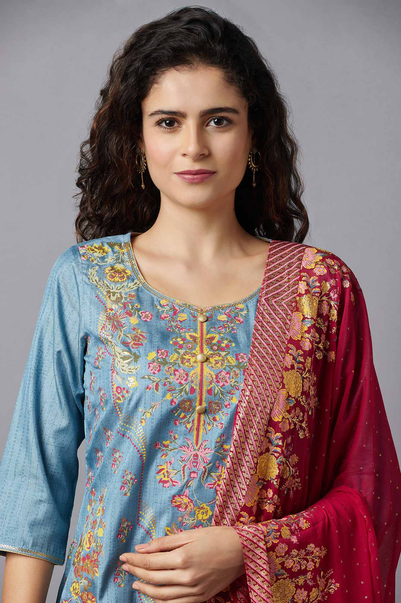 Blue Printed kurta, Red Palazzo and Dupatta Set