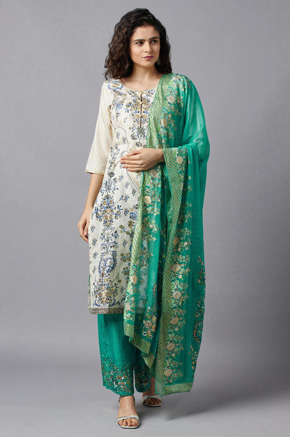 White Printed kurta, Green Palazzo and Dupatta Set