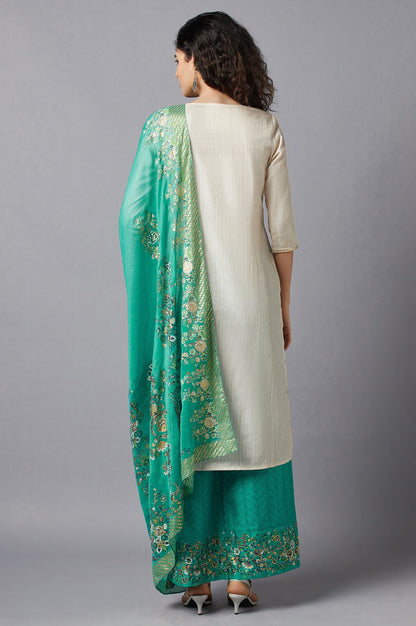 White Printed kurta, Green Palazzo and Dupatta Set