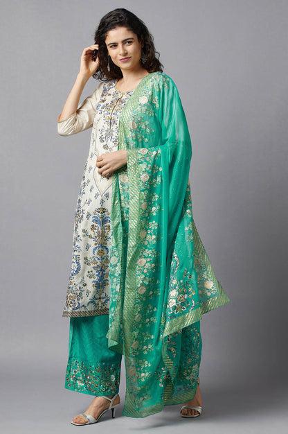 White Printed kurta, Green Palazzo and Dupatta Set