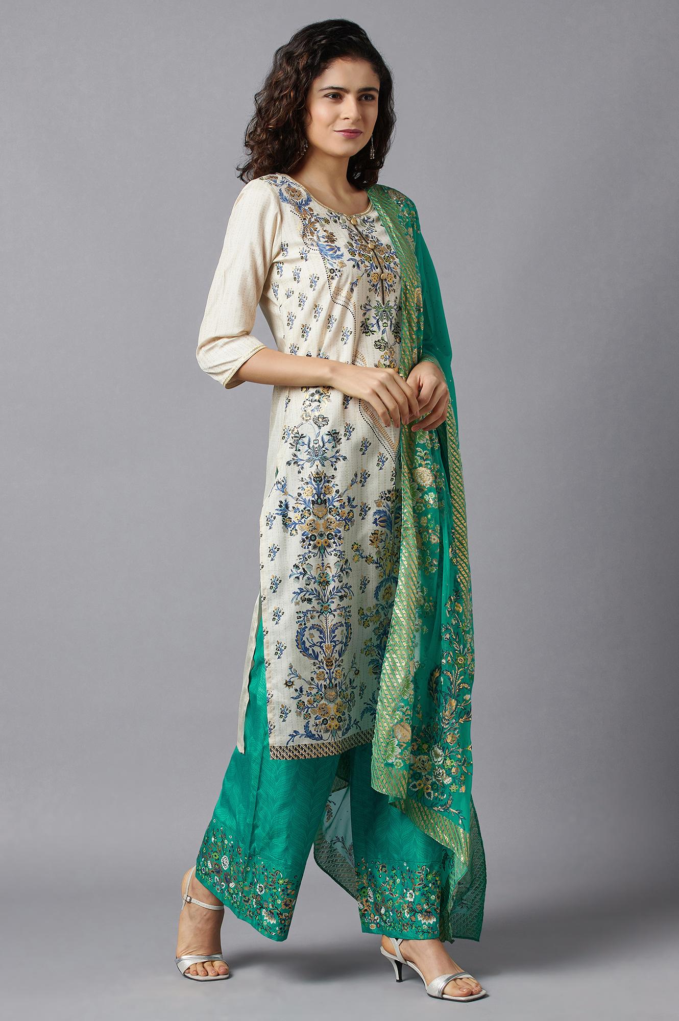 White Printed kurta, Green Palazzo and Dupatta Set