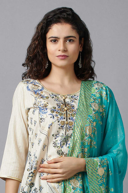 White Printed kurta, Green Palazzo and Dupatta Set