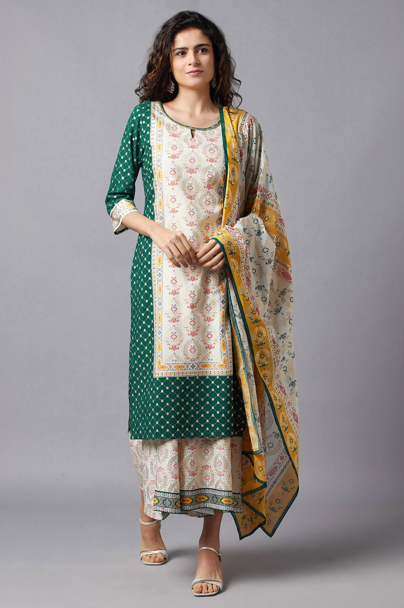 Green Printed kurta, Culottes and Dupatta Set