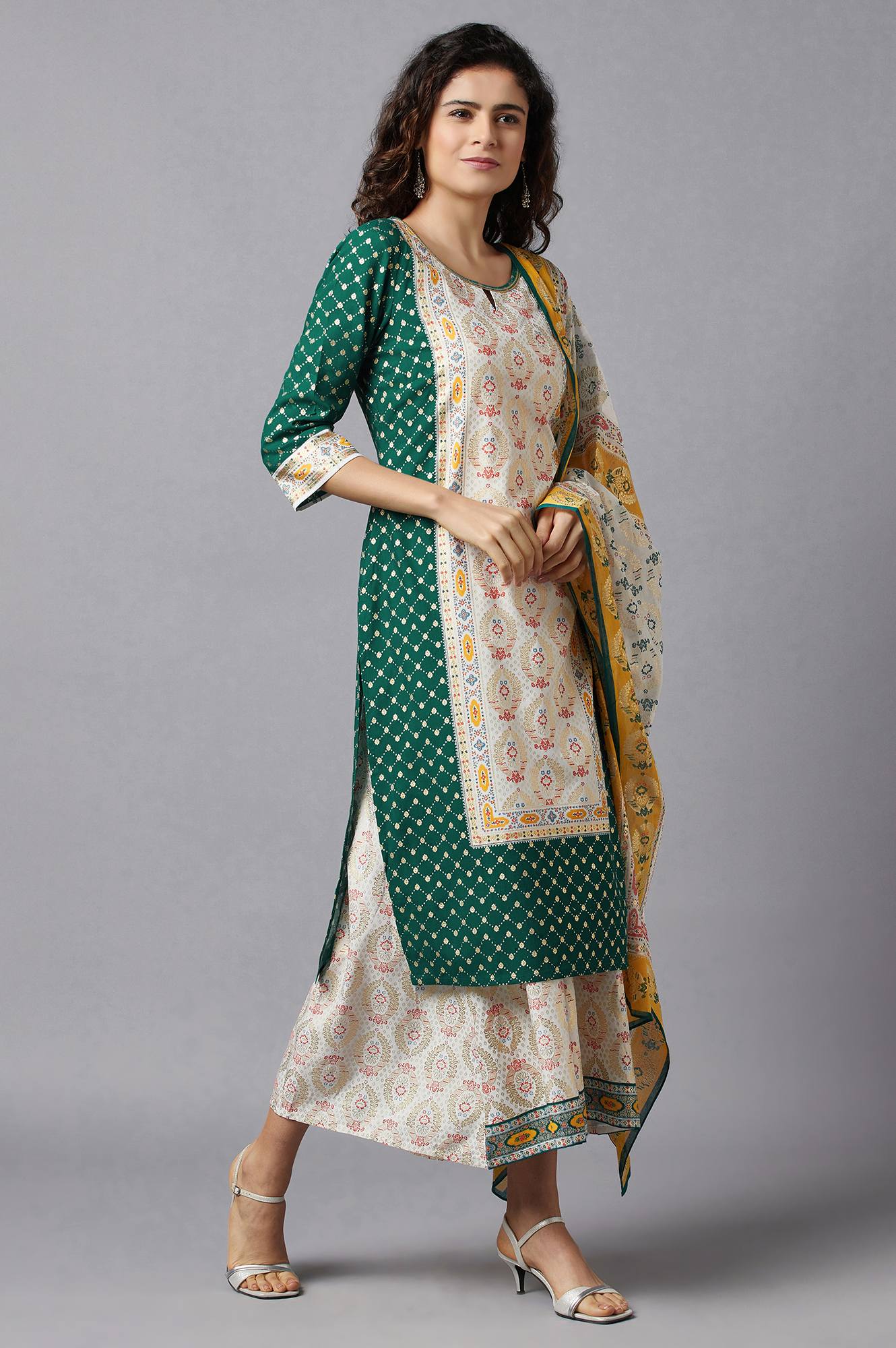 Green Printed kurta, Culottes and Dupatta Set