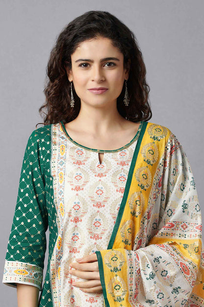 Green Printed kurta, Culottes and Dupatta Set