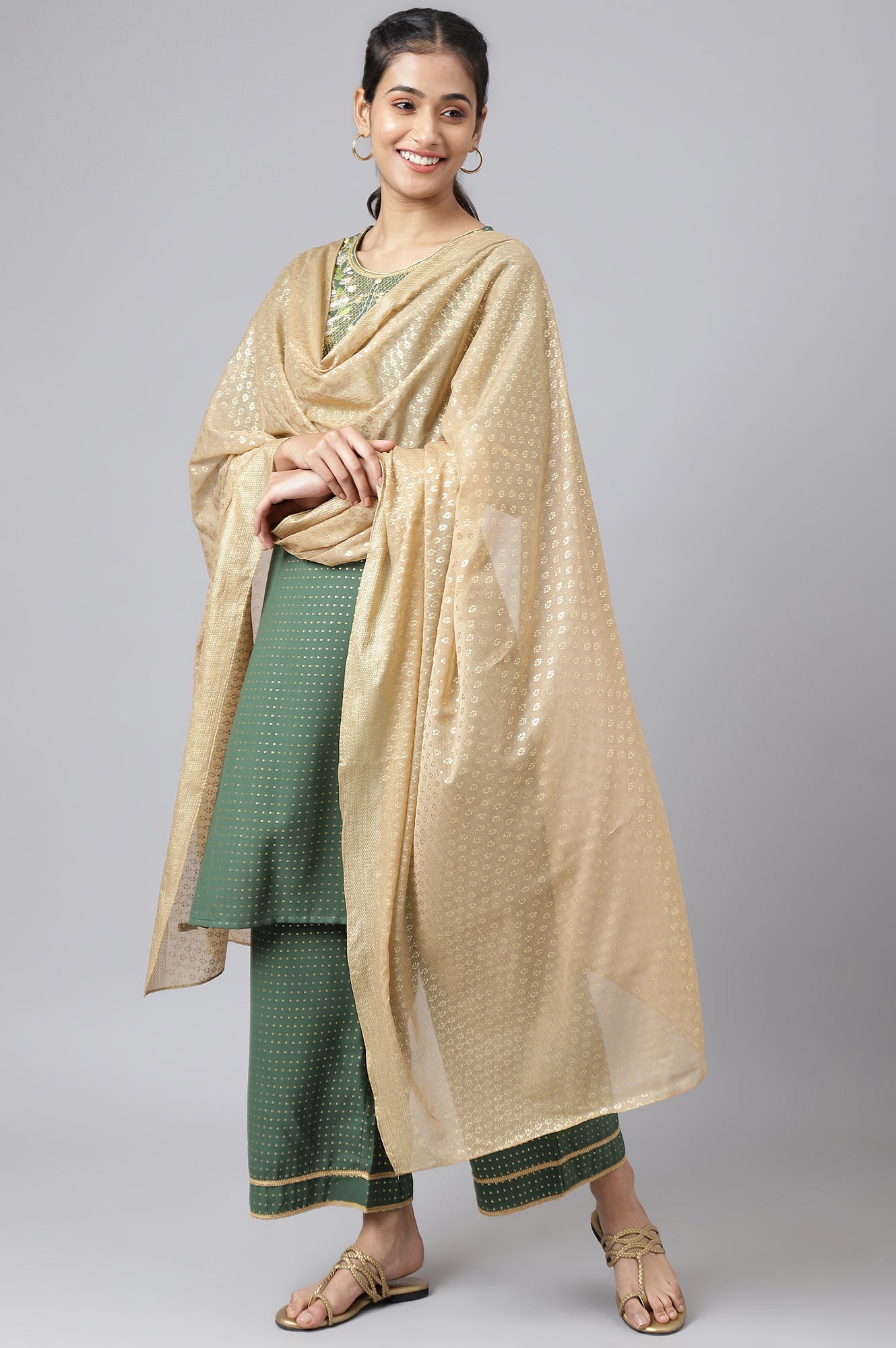 Green Printed kurta, Green Palazzo and Dupatta Set