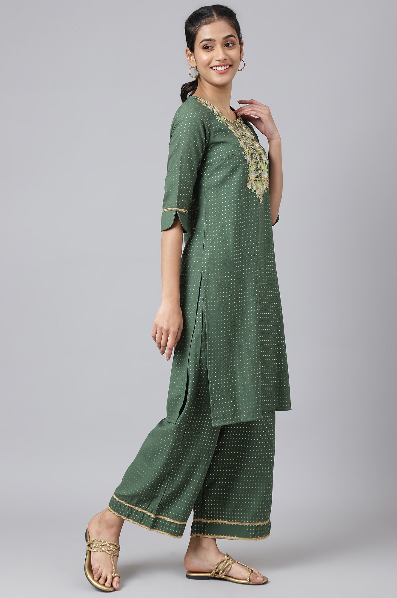 Green Printed kurta, Green Palazzo and Dupatta Set