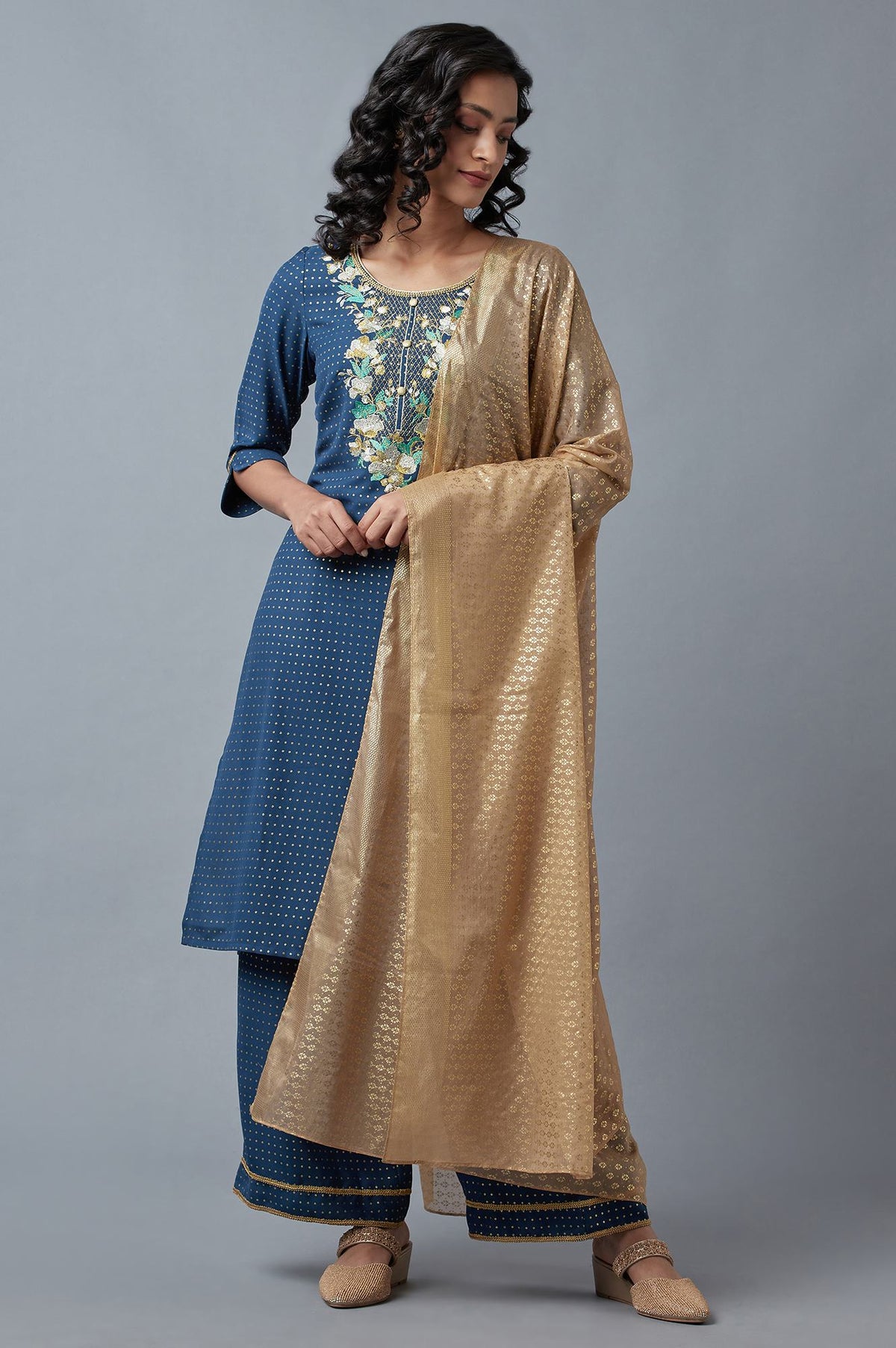 Blue Printed kurta, Green Palazzo and Dupatta Set - XS